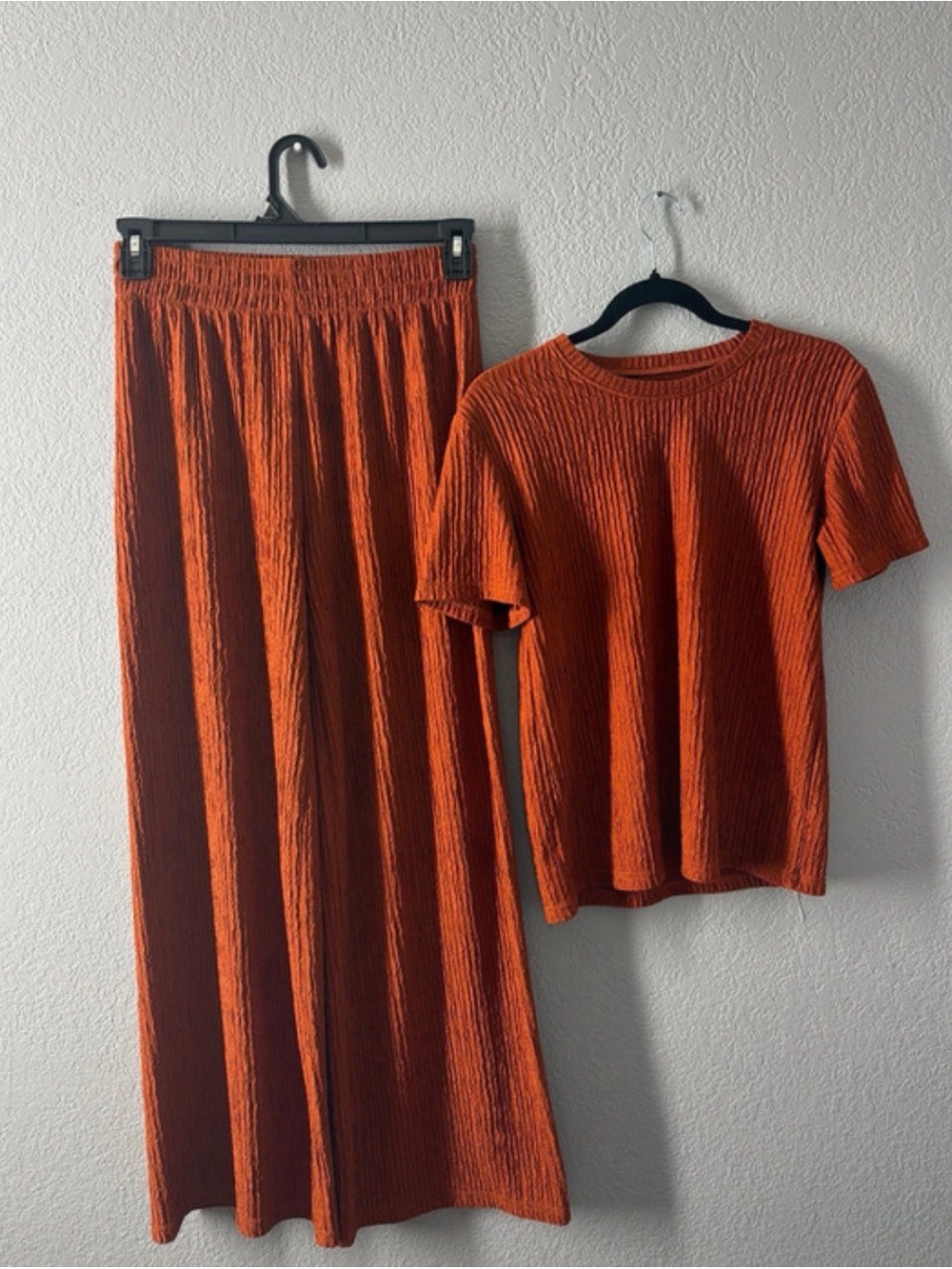 Women's Orange Ribbed Wide-Leg Pantsuit Set - Casual Two-Piece